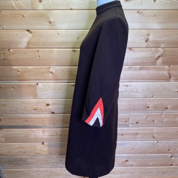 Vintage ILGWU Union Made Brown Polyester Mock Neck Chevron Shift Dress - Picture 3 of 11